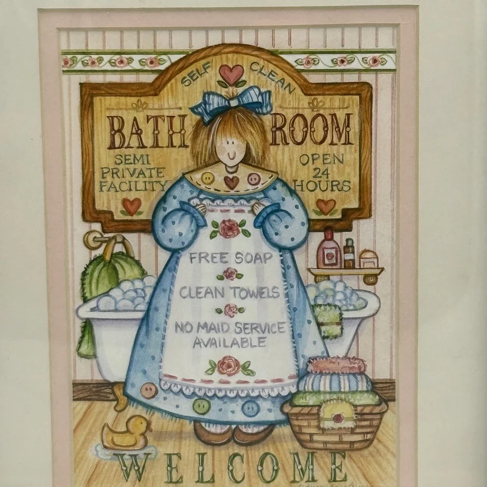 Vintage Country Bathroom Wall Art Framed Whimsical Girl Illustration 8x10